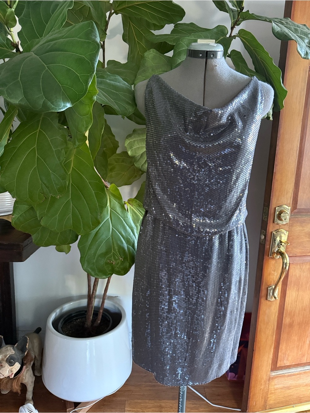 Robert Rodriguez Sequined Cowl Neck Cocktail Dress siz 8  in Charcoal